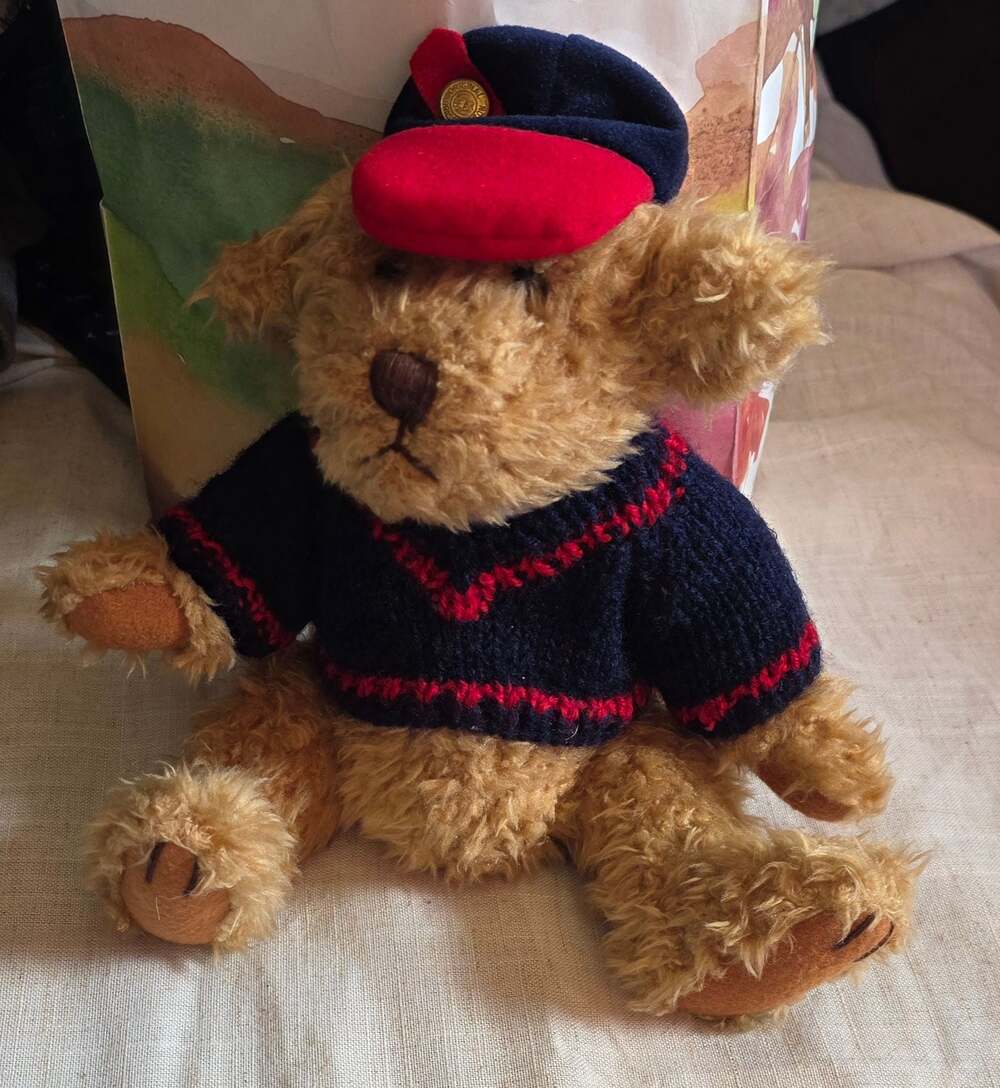 1996 Pickford Bears Ltd Tully Plush Bear with
 Button, Hat, and V-neck Sweater